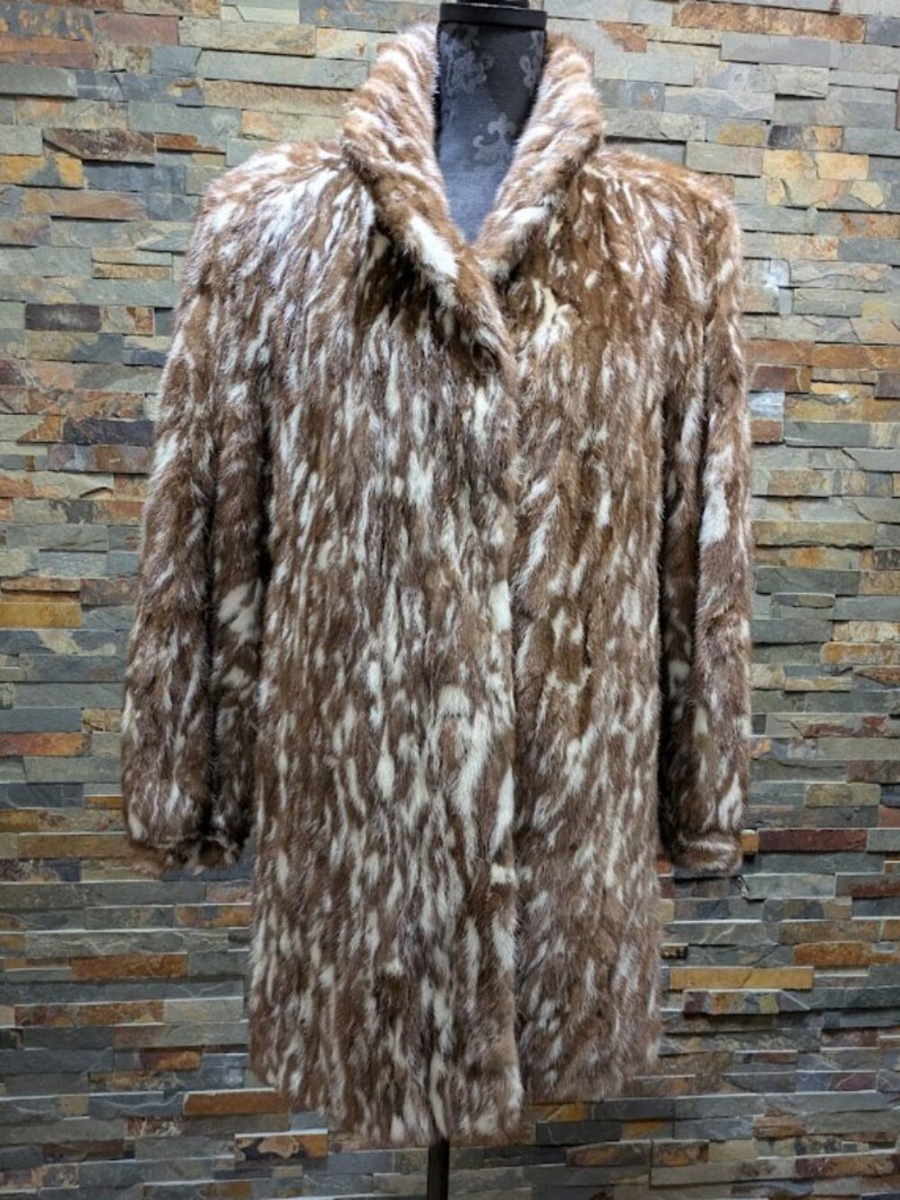 Brown & Cream Spotted Genuine Mink Knee Length Bomber Stroller Coat, Large